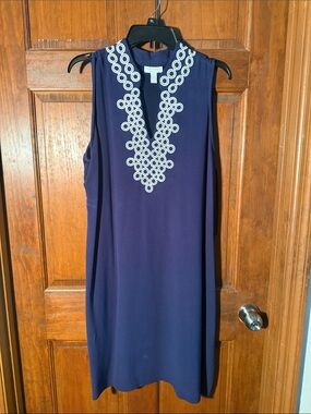 Charter Club Navy Sleeveless Dress with White Circular Embroidery